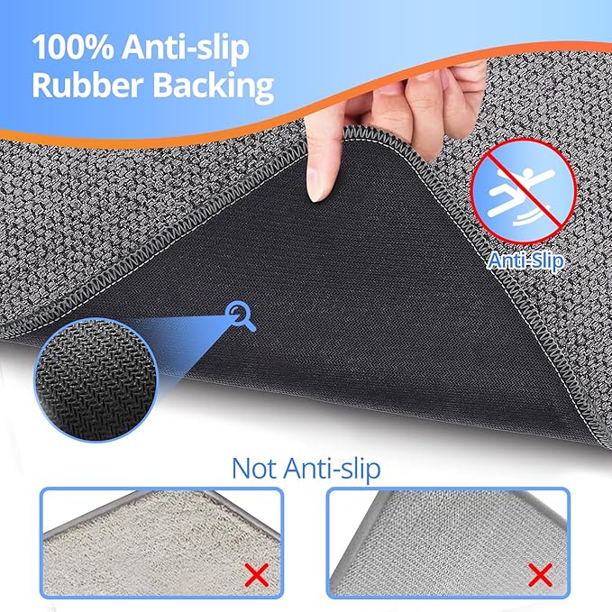 Upgraded Bath Mat 19x30Inch, Thin Bath Mats Rugs with Rubber Backing Non-Slip, Absorbent,Quick Dry Machine Washable, Home Decor Accessories Cozy Cloth Bathroom Rugs fit Under Door/Sink/Tub-Dark Grey