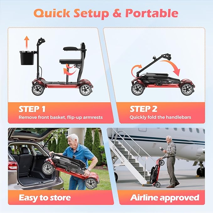 Lightweight Mobility Scooter for Seniors & Adults - Cruise & Airport Approved, 43lb Foldable Portable Motorized Scooters with Removable Lithium Battery for 12.4 Miles Travel, 300lb Capacity, Red