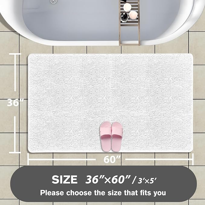 Bathroom Rugs 36 x 60 Inch – Extra Large Bath Mat | Absorbent and Washable Thick Chenille Bath Rugs Non-Slip Runner Rug for Bathroom, Shower, Tub(White)