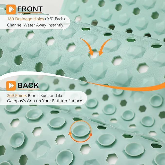 Yimobra Bathtub Shower Mat 27.5 x 15.5, Non Slip Bath Mats for Tub Floor with Drain Hole and Suction Cups, Soft on Feet, Machine Washable, Easy Dry, Light Green
