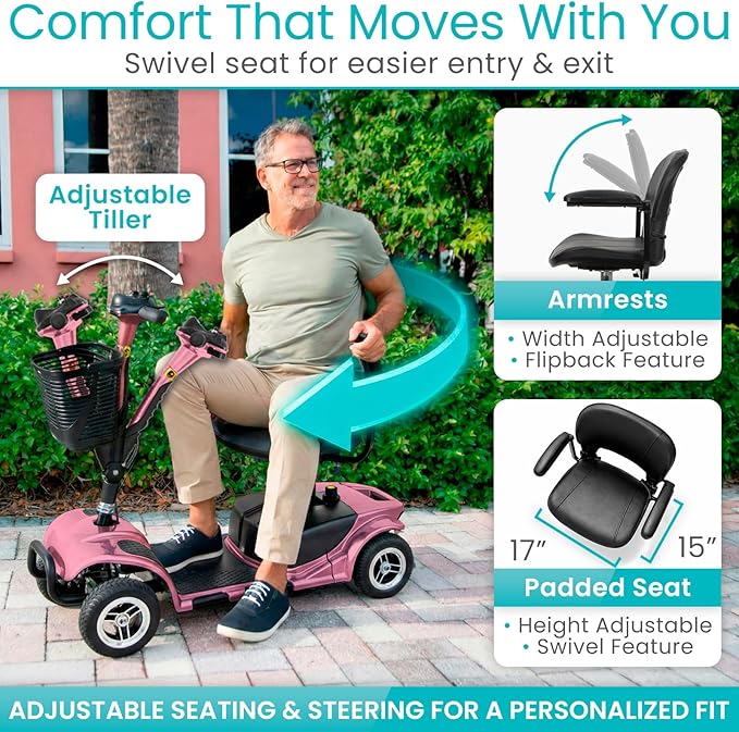 Vive 4 Wheel Mobility Scooter - Electric Powered Wheelchair Device - Compact Heavy Duty Mobile for Travel, Adults, Elderly - Long Range Power Extended Battery with Charger Included (Limited Edition)