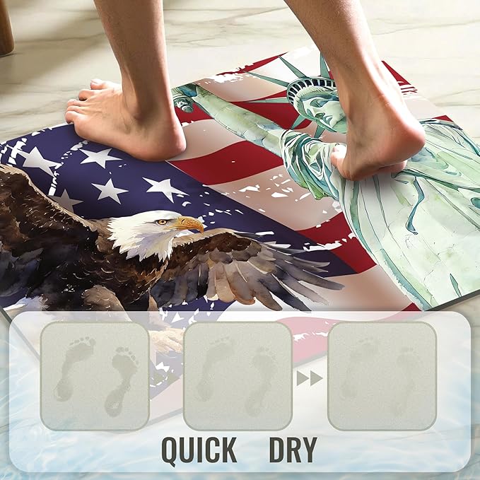 Quick Dry Bath Mat for Bathroom,Super Absorbent Patriotic 4th of July Welcome Bath Rug Non-Slip Rubber,Machine Washable Bathroom Floor Mat for Shower, Tub, Sink Area Independence Day Eagle 16x24