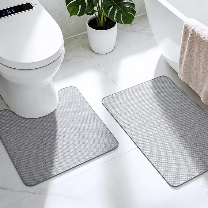Bathroom Rugs Sets 2 Piece, Thin Bath Mat & U-Shaped Contour Toilet Rug Absorbent Quick Dry, Machine Washable, Non Slip Low Pile Bath Mats for Bathroom/Tub/Sink/Shower (27"x17" Plus 24"x20" U, Grey)