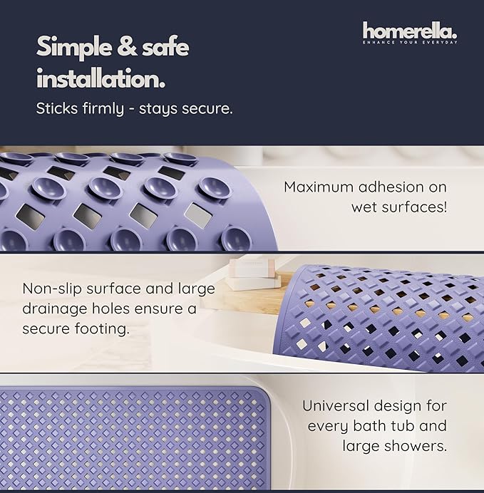 Bathtub Mat Non Slip 35x16 - homerella® Bath Mat Incl. Hooks for Drying, Extra Long, 100% BPA Free, Shower Mat Non Slip Anti Mold, Machine Washable, Shower Mats for Inside Shower Mildew Resistant