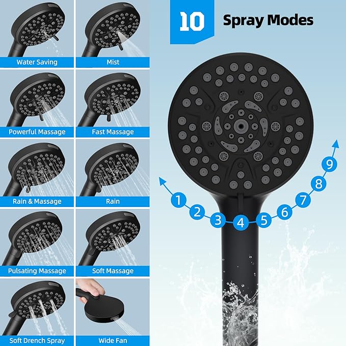 Hibbent 12'' All Metal CUPC Certified Shower Head, High Pressure Rainfall Shower Head, Handheld Showerhead Combo, 12'' Adjustable Extension Arm, 10-Spray, 71'' Hose, Showerhead Holder, Matte Black