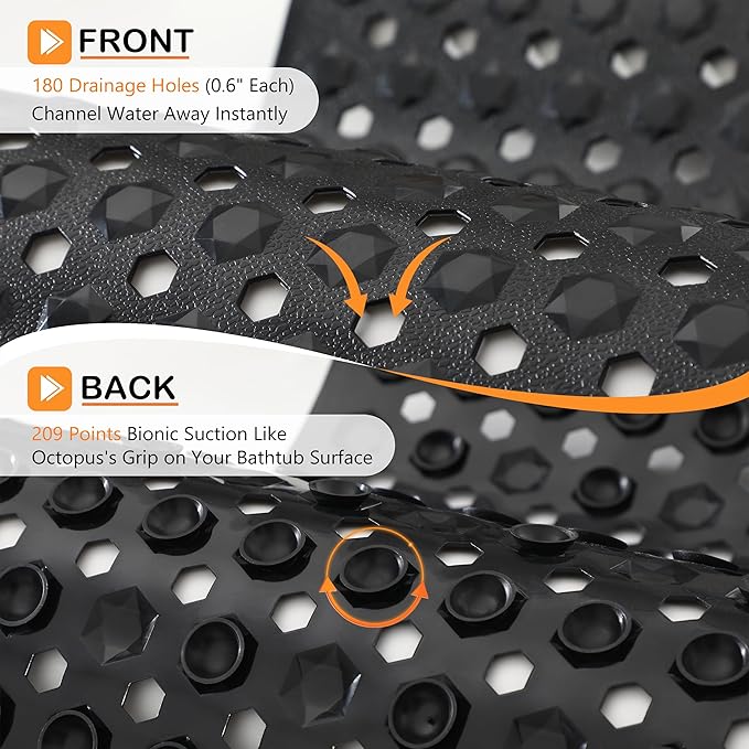 Yimobra Bathtub Mat Non Slip, 27.5"x15.5" Machine Washable Shower Floor Mat, Soft on Feet, Bathmat with Drain Holes and Suction Cups, Bathroom Essentials, Black