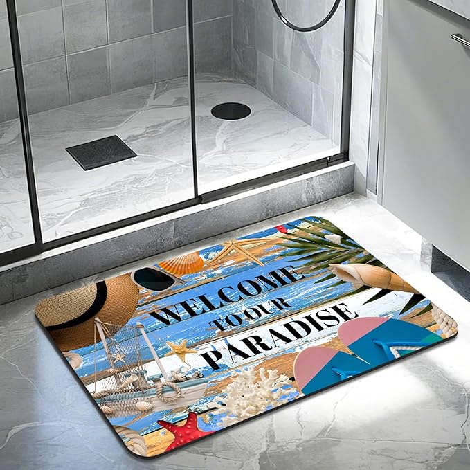 Quick Dry Bath Mat for Bathroom,Super Absorbent Beach Welcome Bath Rug Non-Slip Rubber Backing,Machine Washable Bathroom Floor Mat for Shower, Tub, Sink Area Wooden Board Ocean Blue 16x24