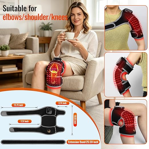 Seenew Red Light Therapy Knee Brace with Vibration Massage, Heated Knee Massager with Rechargeable Controller, 660nm & 850nm Red Light Therapy Heated Device for Knee, Elbow, Shoulder (Black-Grey)
