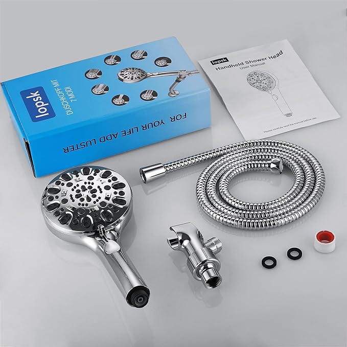 Iopsk Shower Head with Handheld 7 Spray Combo,Hand Held Showerhead with On/Off Switch,High Pressure Detachable Shower Heads with 60" Long Hose (Chrome)