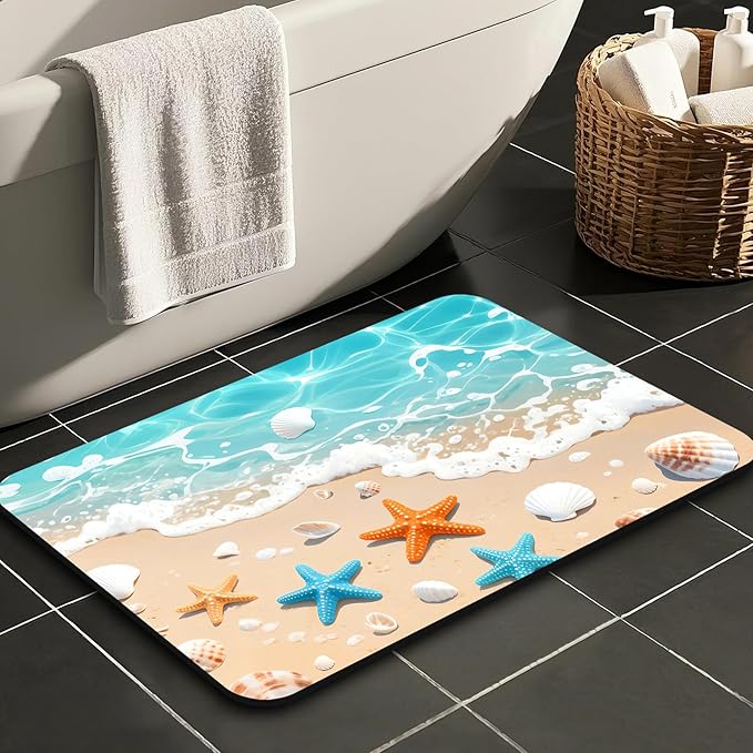 Quick Dry Bath Mat for Bathroom,Super Absorbent Beach Seashell Bath Rug Non-Slip Rubber Backing,Machine Washable Bathroom Floor Mat for Shower, Tub, Sink Area Ocean Blue 30x20