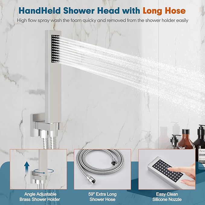 Kurpot Shower System, 10'' High Pressure Brushed Nickel Shower Head with Handheld Spray Combo, Included 59'' Shower Hose, Shower Trim Kit and 2-IN-1 Diverter, Bathroom Shower Faucet Set with Valve
