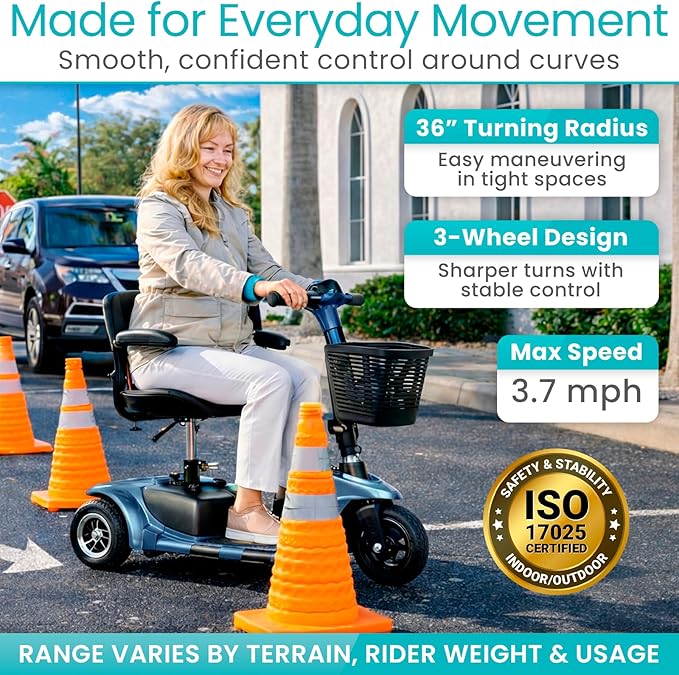 Vive 3 Wheel Mobility Scooter - Electric Powered Mobile Wheelchair Device for Adults - Folding, Collapsible and Compact for Travel - Long Range Power Extended Battery with Charger and Basket Included