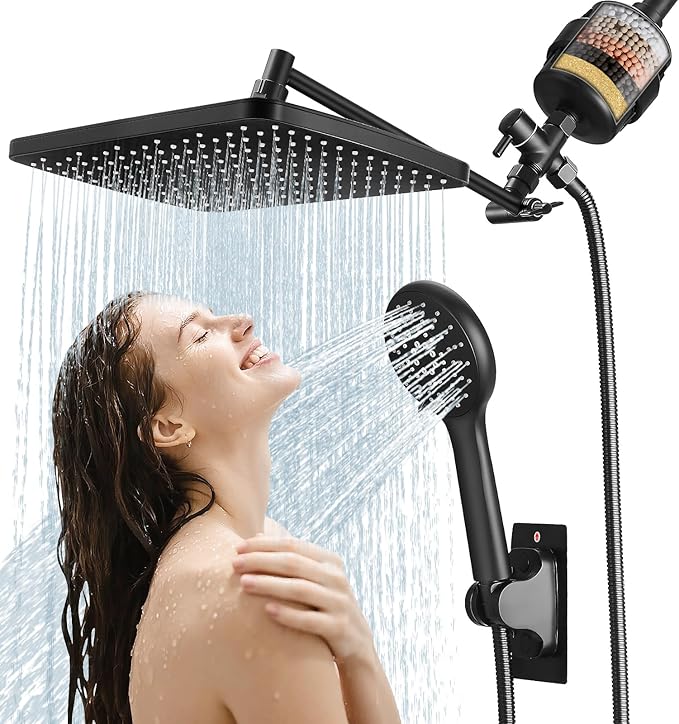 Filtered Shower Head with Handheld Combo,11.8 Inch Large Rectangular Black Rain Shower Head with 5 Modes Handheld Spray Combo,Adjustable Double Shower Heads with Holder and 11'' Extension Arm