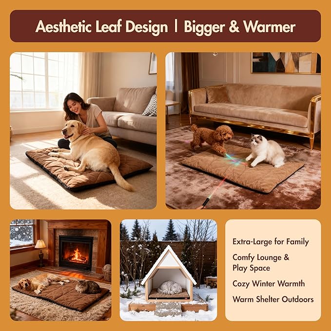 Vagascape Dog Bed, Waterproof Pet Bed with Washable Removable Cover, Comfort Cat Dog Pad for All Seasons, Heating Khaki Rectangle Cat Bed Mat with Nonskid Bottom(31"x20")