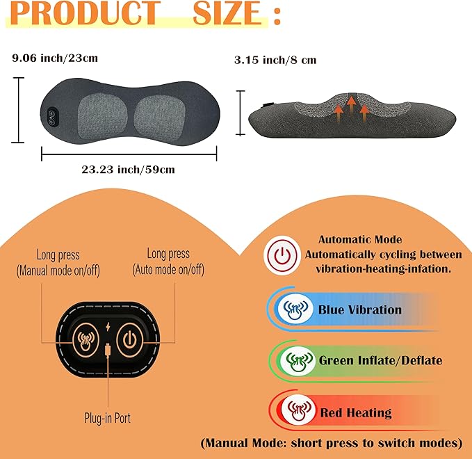 3 in 1 Lumbar Massage Pillow, Deep Kneading Back Massager for Pain Relief, Ergonomic Lumbar Support Cushion, for Home Office Car, Gift for Men Women Seniors