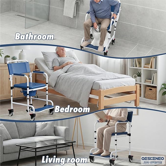 Shower Chair with Wheels, Two Modes Bedside Commode with Wheels, Aluminum Shower Wheelchair with Footrest, Portable Toilet with Bucket for Elderly and Disabled, 300 LBS Weight Capacity
