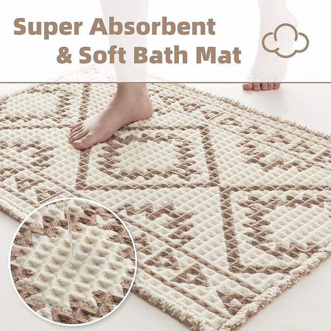 PADOOR-Waffle Bathroom Runner 24"x48", Super Absorbent Bath Mats for Bathroom, Machine Washable Non Slip Bath Rug with Tassels, Soft Bath Mat for Laundry Room, Bedroom, Cream & Brown, 2'x 4'