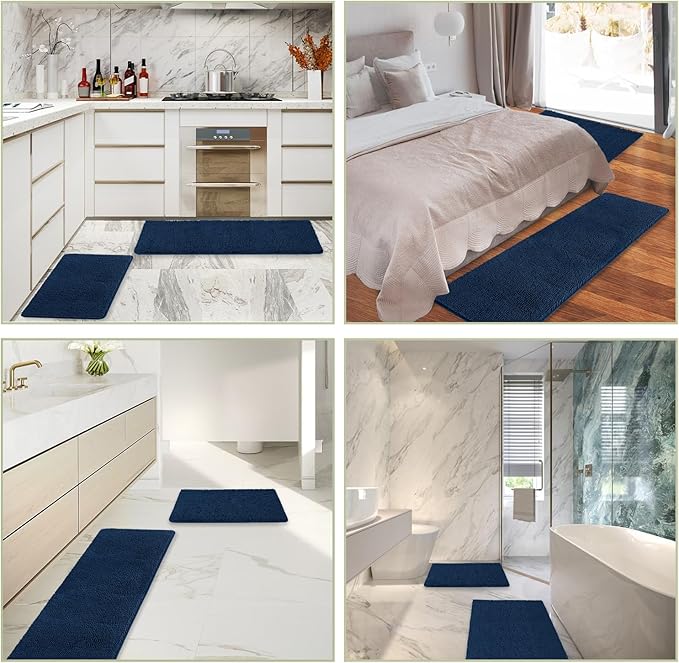 Navy Blue Bathroom Rugs Sets 2 Piece – Absorbent and Washable Bath Mat, Non-Slip, Thick Soft Chenille Bath Rugs for Bathroom Floor, Shower, Sink - 17" x 24"+20" x 32"