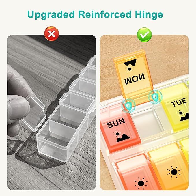 Fullicon Weekly Pill Organizer 4 Times a Day, Large Capacity Pill Case with Easy Fill, Medicine Organizer for Vitamin, Supplement & Pill, Great Gifts for Seniors (Clear Rainbow) - Patent Pending