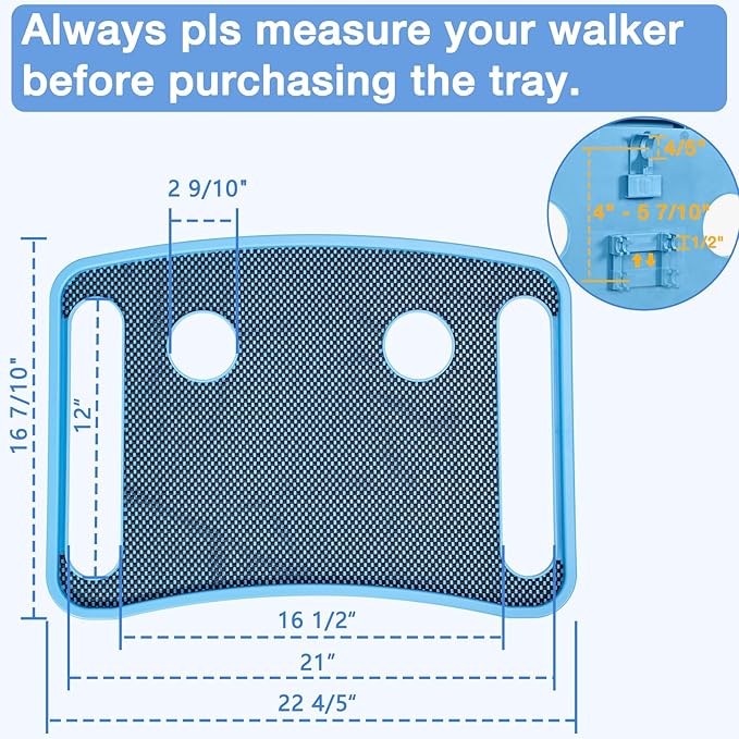 Walker Tray for Seniors with Dual Cup Holders, Side Pouch and Non-Slip Pad, Lightweight Durable Food & Drink Table, Compatible with Walker of 10210-1 Model (Blue)