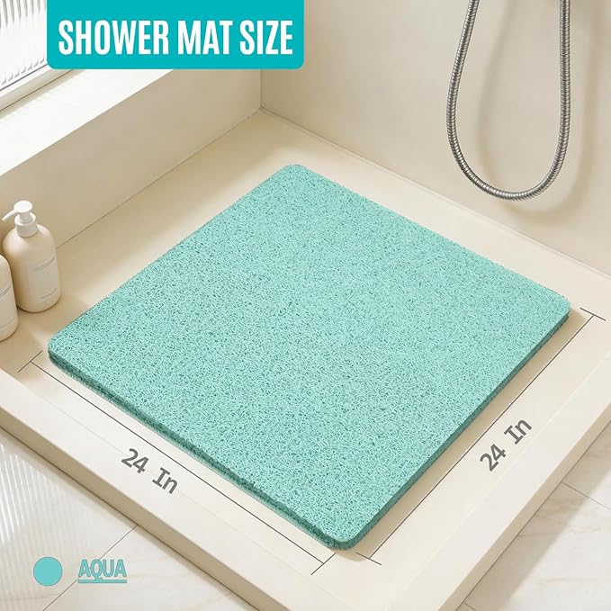 Joyhalo Shower Mat Bathtub Mat Non Slip, Bathmats Non Slip, Quick Drying Foot Scrubber Loofah Mats for Shower, Tub, Bathroom, Home, 24x24inch, Aqua