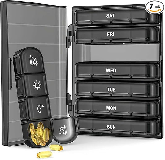 Weekly Pill Organizer 4 Times a Day, Travel Essentials 7 Day Morning and Night Pill Box, Black Daily Am Pm Pill Case for Medication, Vitamins, Fish Oils, Supplements
