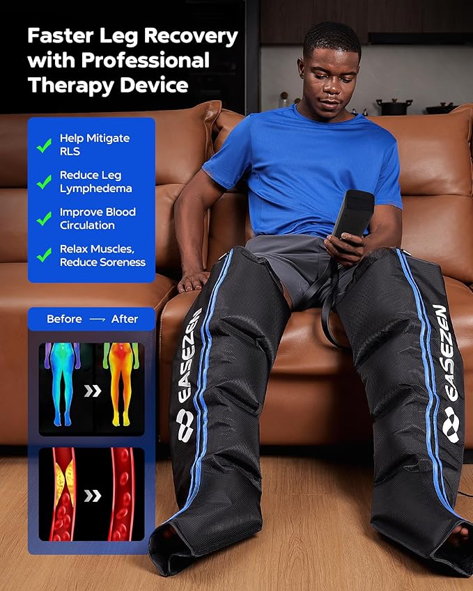 EaseZen Leg Compression Massager for Circulation and Pain Relief, Air Compression Leg Massager for Fast Recovery of Foot, Calf and Thigh, Relieve Edema, Reduce Muscle Fatigue, Large Size