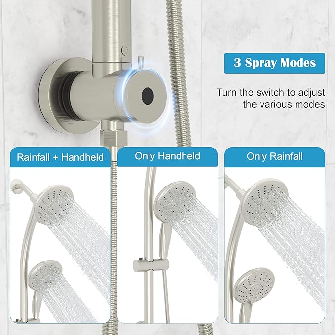 Lordear Rain Shower Head with Handheld Spray 5 Setting 3-Way Water Diverter Double Rain Hotel Spa Dual Bathroom Rain Shower Head Combo with Adjustable Sliding Bar,Brush Nickel