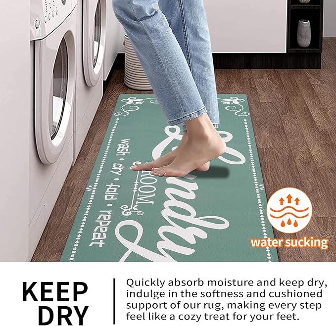 XLHOMO Laundry Room Rug Runner, 17"x60" Non Slip Teal Nappa Leather Laundry Rugs, Farmhouse Washable Floor Laundry Mats for Laundry Room, Kitchen, Washroom, Bathroom, Mudroom, Hallway Entryway Decor
