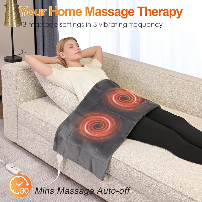 Weighted Vibrating Heating Pad with 2 Massager,18"x33" Neck and Shoulder Heat Pads for Back Pain Relief,3 Heat Settings& 9 Massage Types Back Massager Heated Pad XL (4.85Lbs,Dark Grey)
