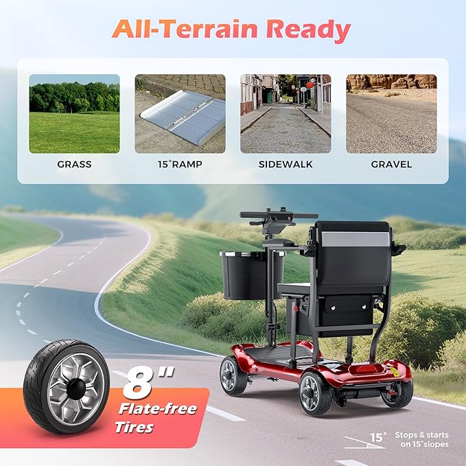 Lightweight Mobility Scooter for Adults & Seniors - Cruise & Airport Approved, 43lb Foldable Portable Motorized Scooters with Dual Lithium Batteries for 24.8 Miles Travel, 300lb Capacity, Red