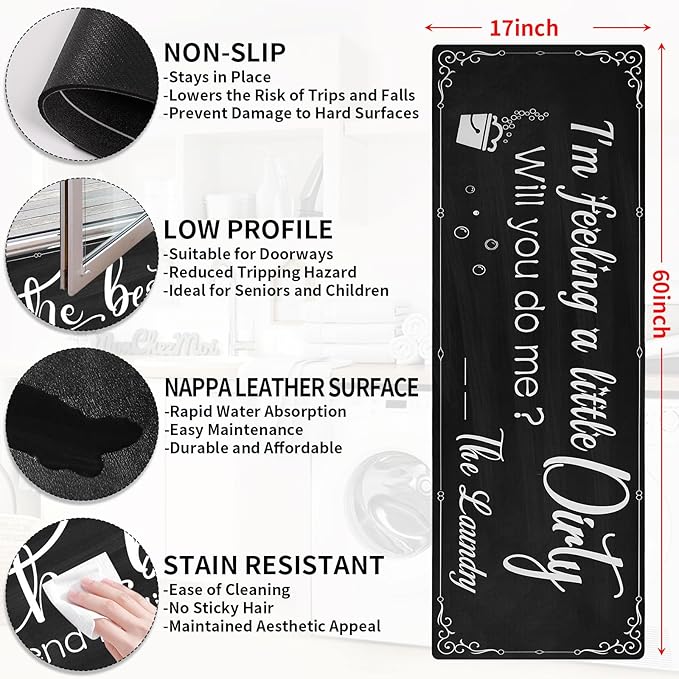 XLHOMO Laundry Room Rug Runner, 17"x60" Non Slip Nappa Leather Laundry Rugs, Black Farmhouse Washable Floor Laundry Mats for Laundry Room, Entryway, Kitchen, Bathroom, Mudroom, Washroom, Hallway Decor