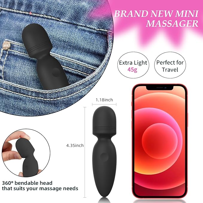 Fuwyiy Mini Massager Tools,Small Waterproof Cordless Handheld Massager with 10 Vibration Modes, Personal Handheld Massager for Back（Black）