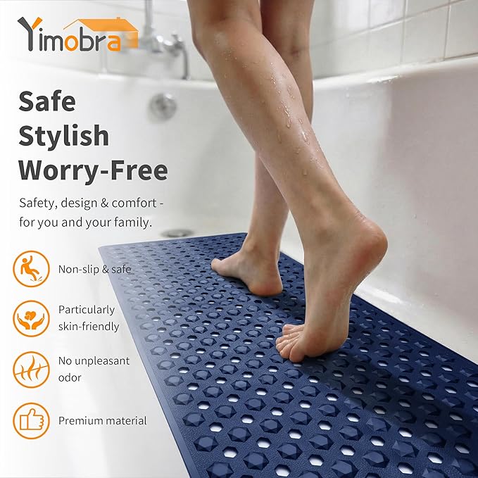Yimobra Bath Tub Mat Non Slip, 34.5"x15.5" Long Shower Mat, Machine Washable Bathmat with Drain Holes and Suction Cups, Soft on Feet, Bathroom Essentials, Dark Blue