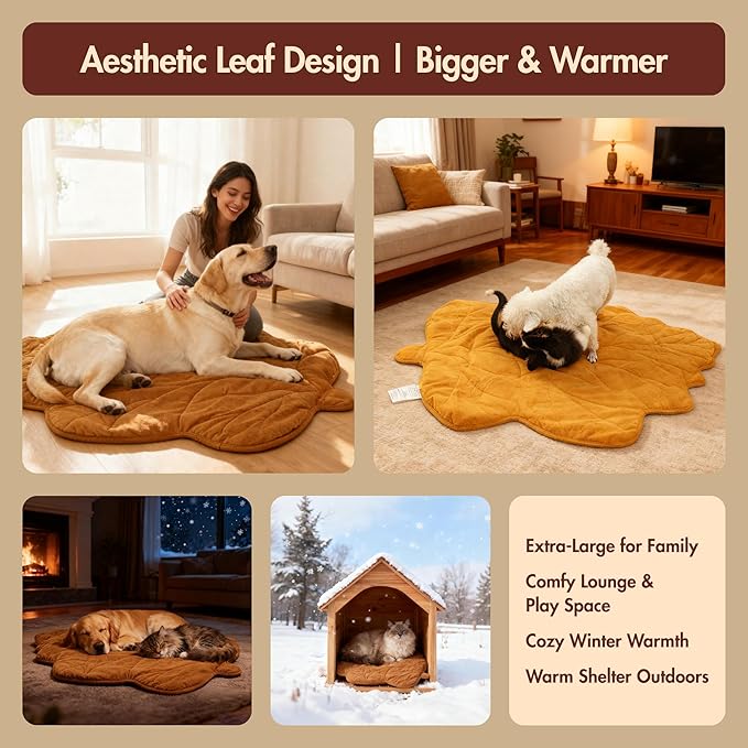 Vagascape Dog Bed, Waterproof Pet Bed with Washable Removable Cover, Comfort Cat Dog Pad for All Seasons, Heating Yellow Maple-Leaf Shape Cat Mat with Nonskid Bottom(47"x36")