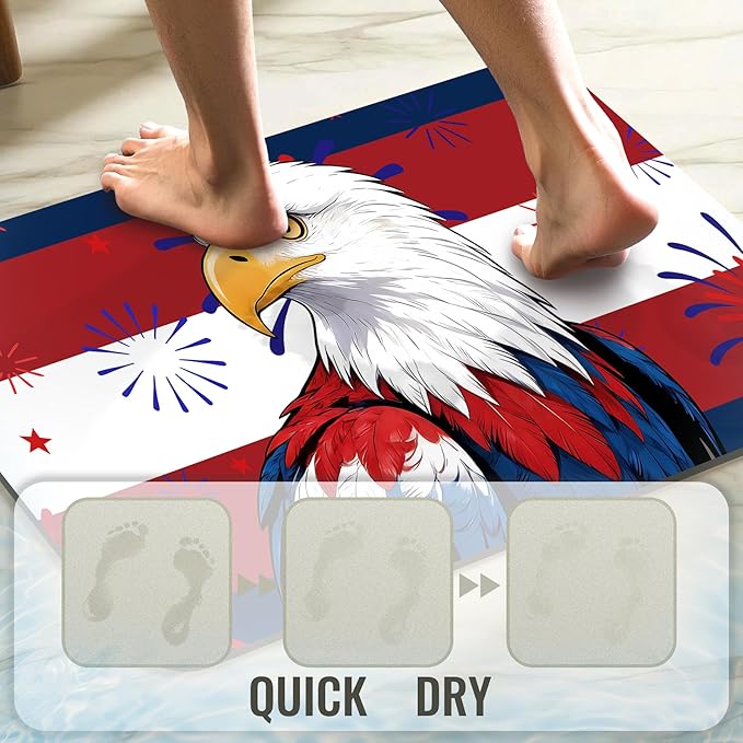 Quick Dry Bath Mat for Bathroom,Super Absorbent Patriotic 4th of July Welcome Bath Rug Non-Slip Rubber,Machine Washable Bathroom Floor Mat for Shower, Tub, Sink Area Independence Day Eagle 16x24