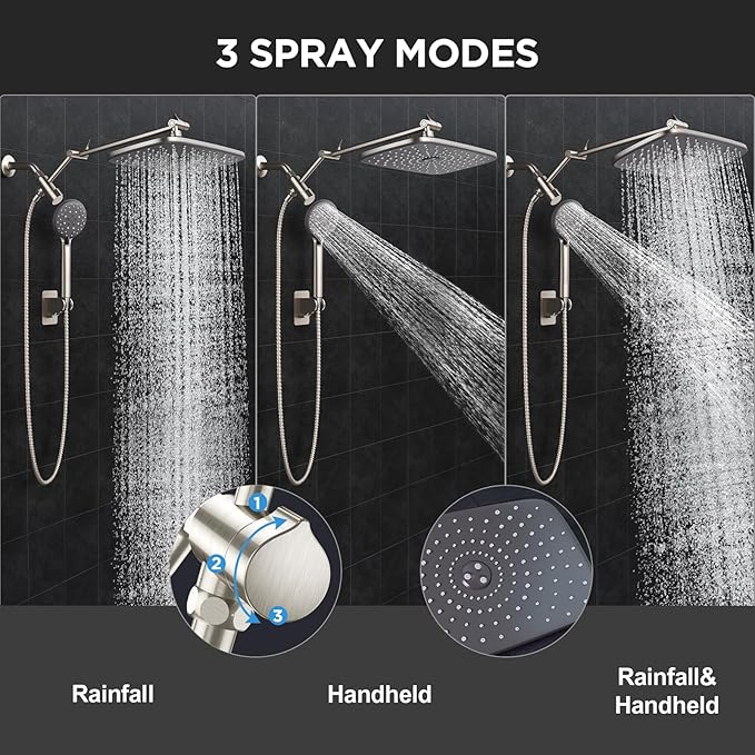 Veken 11.8" Rain Shower Head with Handheld, High Pressure Handheld Shower Heads with Multi Spray Modes,Rainfall Combo with 15" Metal Extension Arm,Detachable Dual Shower,Long 6 ft. Hose,Brushed Nickel