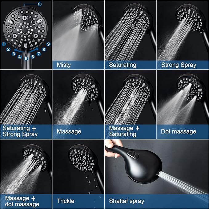 High Pressure Handheld Shower Head, 10-Setting Showerhead, 4.7”Detachable Showerhead Set with 5ft Hose, Adjustable Bracket and Built-in Power Wash to Clean Tub, Tile & Pets - Black