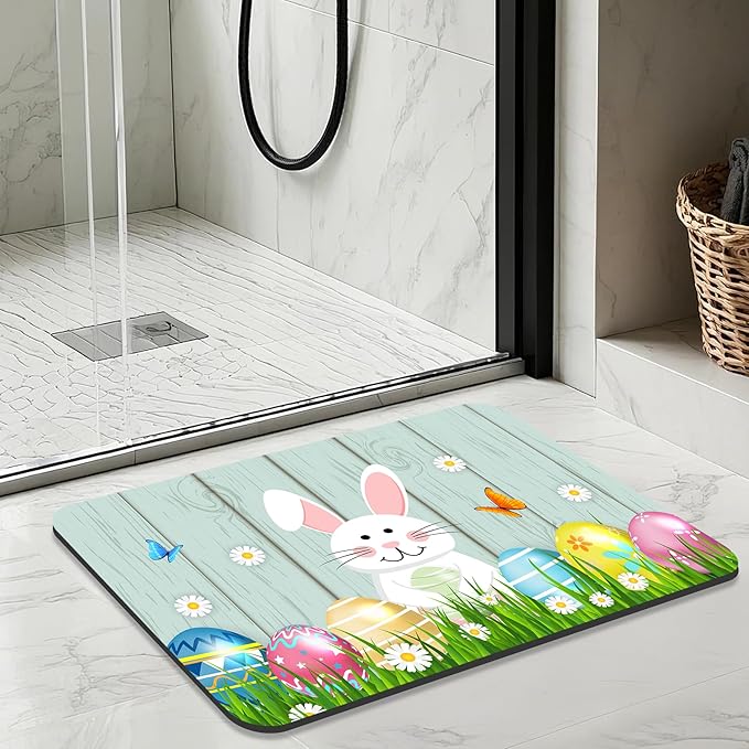 Quick Dry Bath Mat for Bathroom,Super Absorbent Spring Easter Bath Rug Non-Slip Rubber Backing,Machine Washable Bathroom Floor Mat for Shower, Tub, Sink Area Eggs Bunny Cute Rabbits 16x24