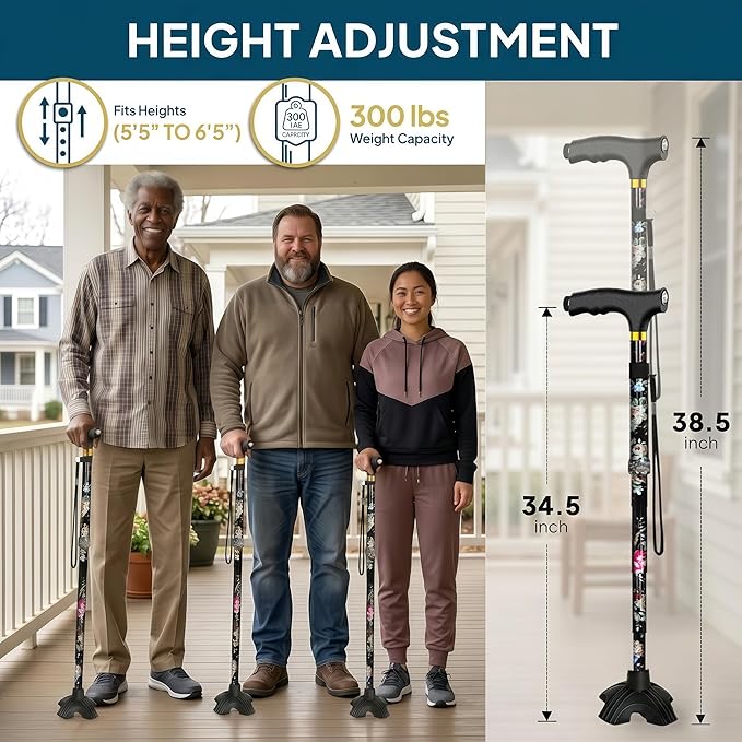 Walking Cane with LED Light, Foldable,Adjustable, Self Standing Walking Canes for Men & Women,Walking Sticks with Quad Base for Seniors & Adults