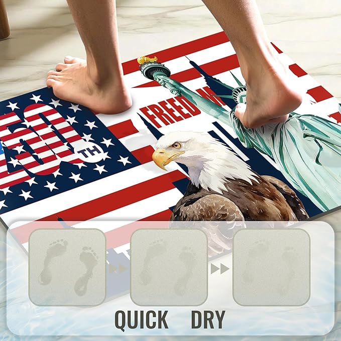 Quick Dry Bath Mat for Bathroom,Super Absorbent Patriotic 4th of July Welcome Bath Rug Non-Slip Rubber,Machine Washable Bathroom Floor Mat for Shower, Tub, Sink Area Independence Day Eagle 16x24