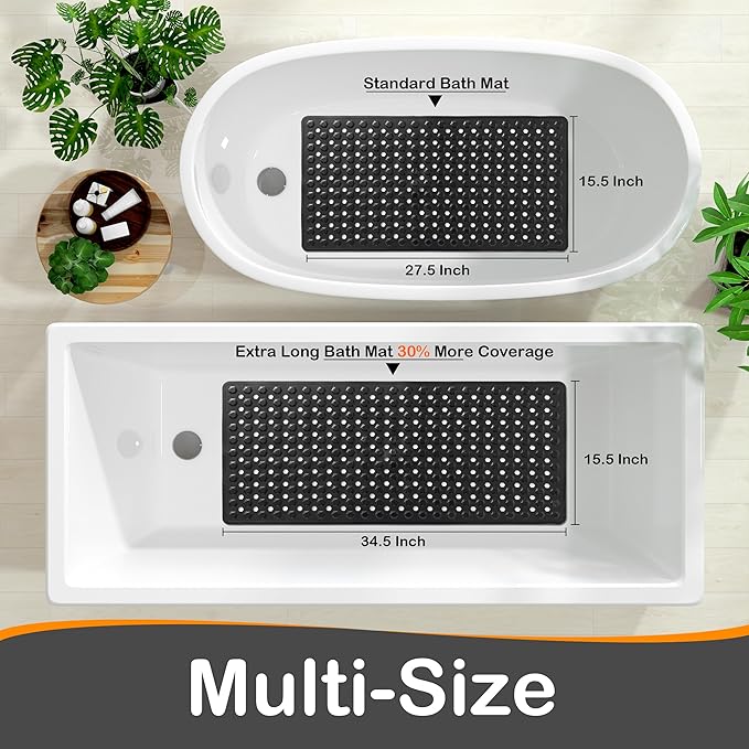 Yimobra Bath Tub Mat Non Slip, 34.5"x15.5" Long Shower Mat, Machine Washable Bathmat with Drain Holes and Suction Cups, Soft on Feet, Bathroom Essentials, Black