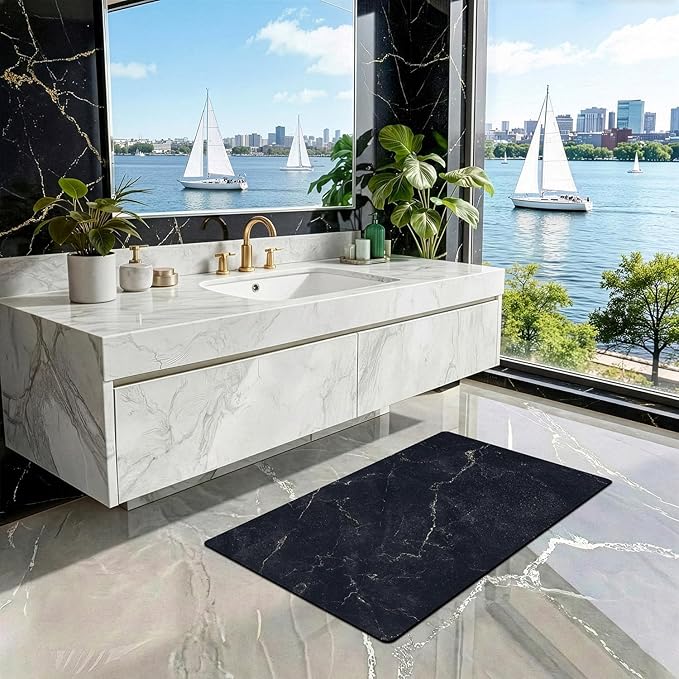 LUMI Ultra Thin Bath Mat, Super Absorbent Quick Dry Bathroom Rugs, Non-Slip Bathroom Mats, Marble Bathmats Fit Under Door, Bathtub, Sink, Shower Room, 24"x36", Black