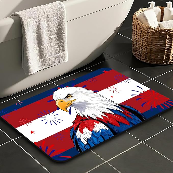 Quick Dry Bath Mat for Bathroom,Super Absorbent Patriotic 4th of July Welcome Bath Rug Non-Slip Rubber,Machine Washable Bathroom Floor Mat for Shower, Tub, Sink Area Independence Day Eagle 16x24