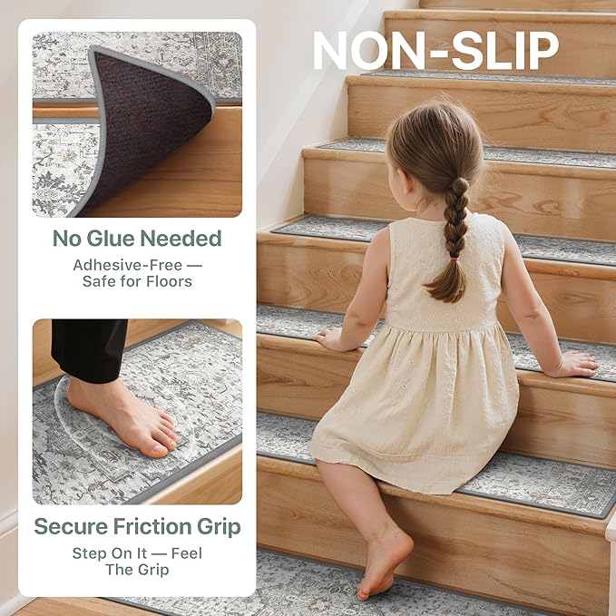 sarben Non Slip Stair Treads for Wooden Steps 15PCS - 8"x30" Indoor Safety Carpet, Edging Mats with TPE Adhesive Backing, Pet and Elderly Friendly Stair Rugs (Taupe)