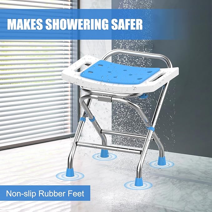 Height Adjustable Folding Shower Chair Seat, Stainless Steel Shower Chair for Inside Shower w/Crossbar, 420LB Portable Travel Shower Stool, Safety Anti-Slip Bath Chair for Seniors,White