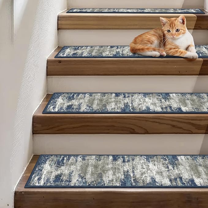 Non Slip Stair Treads for Wooden Steps 15PCS - 8"x30" Indoor Safety Carpet, Edging Mats with TPE Adhesive Backing, Pet and Elderly Friendly Stair Rugs (Blue/Ivory)
