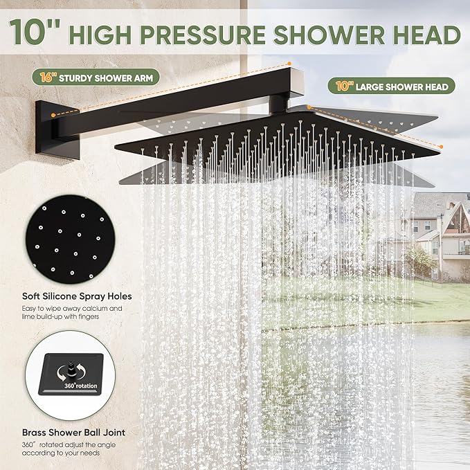 Kurpot Black Shower System, Wall Mounted Shower Faucet Set with Valve, 10-Inch Rainfall Shower Head with Handheld Combo Spray, 59'' Long Shower Hose and Shower Trim Kit, Matte Black
