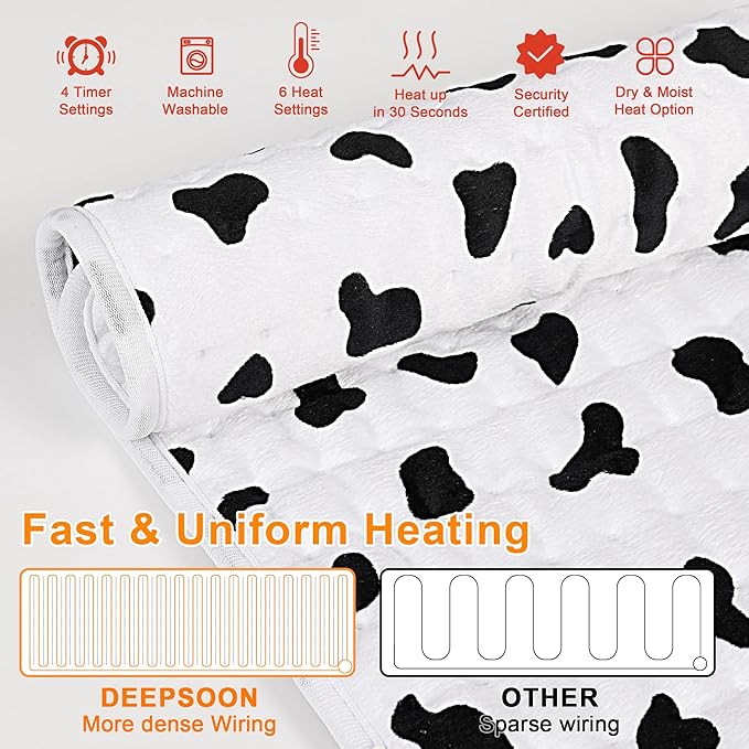 Deepsoon Heating Pad,Electric Heating Pads for Back,Neck,Moist Heating Pad for Abdomen Shoulder Knee Legs,Dry/Moist Heat&Auto Shut Off,Mother's Day Birthday for Men and Women,White Black,24x12 Inch