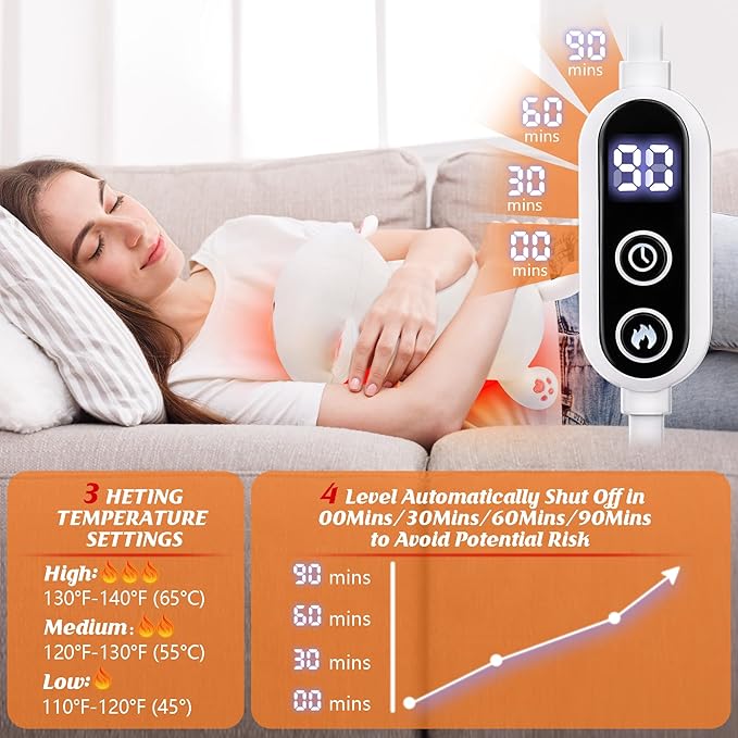 Electric Heating Pad for Period Cramps, Cuddly Kawaii 14'' White Cat Plush with a Hot Soft Belly USB Powered, Menstrual Heating Pad Neck Shoulder Pain Relief, Gift for Daughter Wife Period Heating Pad